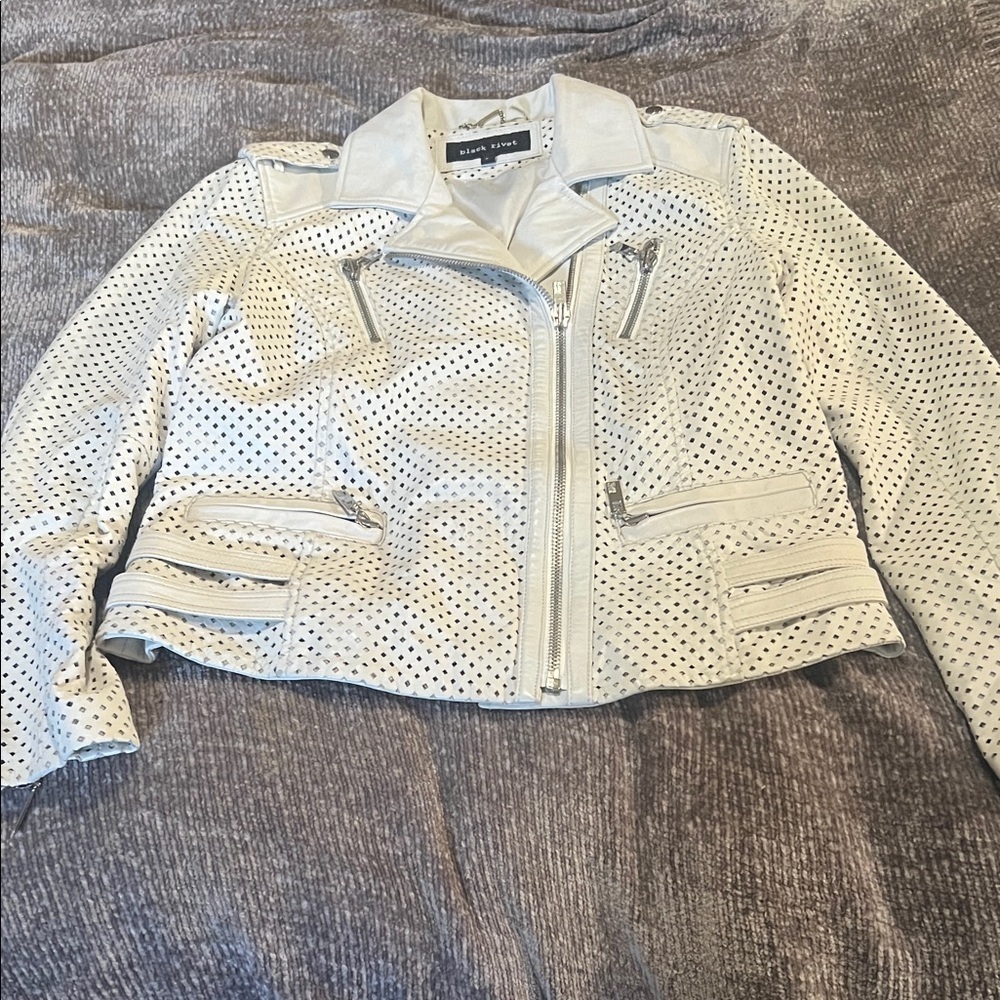 Black Rivit White Perforated Leather Women’s Motorcycle Biker Jacket L